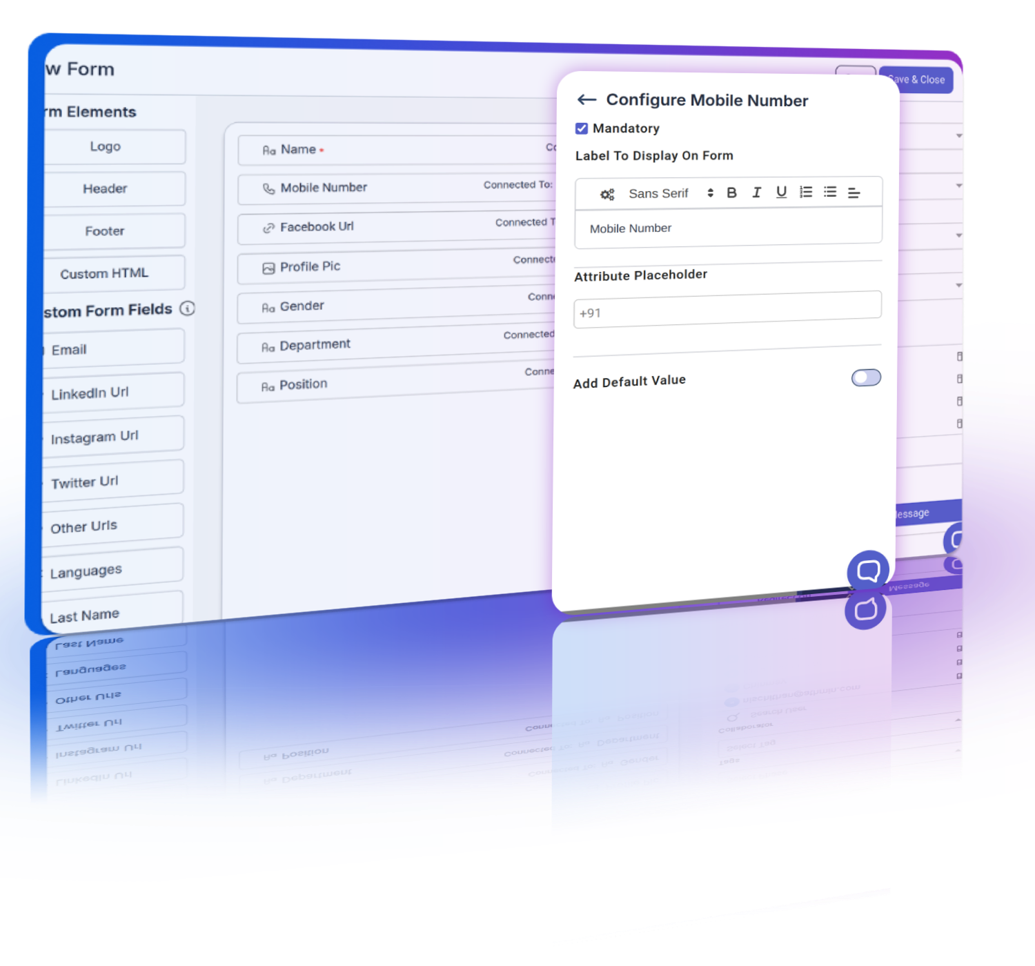 Customizable intake form fields showing various field options and branding elements.