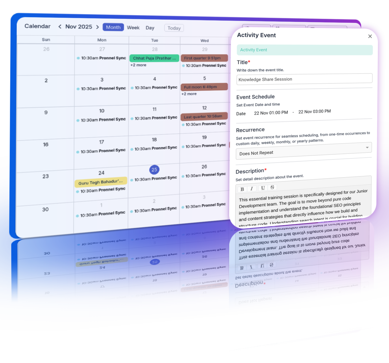User setting up a meeting activity in Pronnel with automated reminders and external invites.