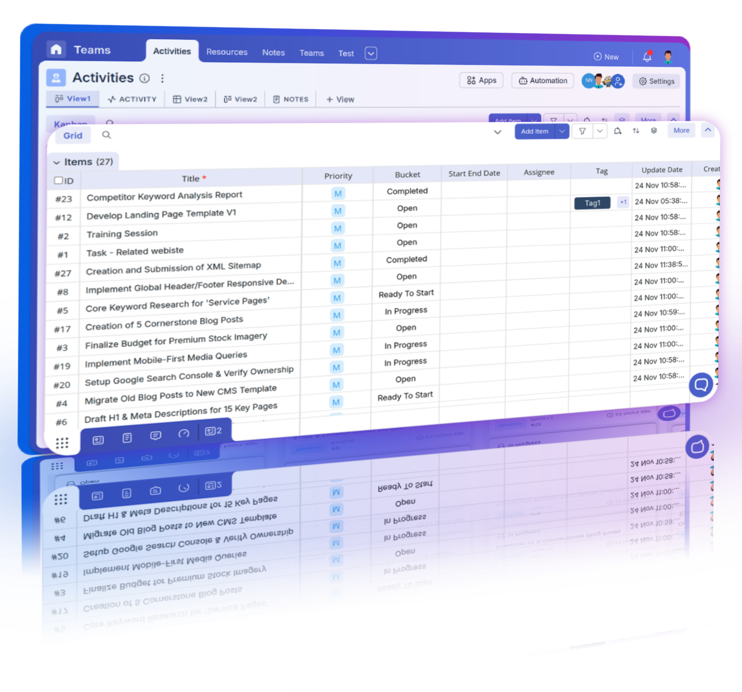 Team members organizing tasks using the Grid view for streamlined task management and visibility.