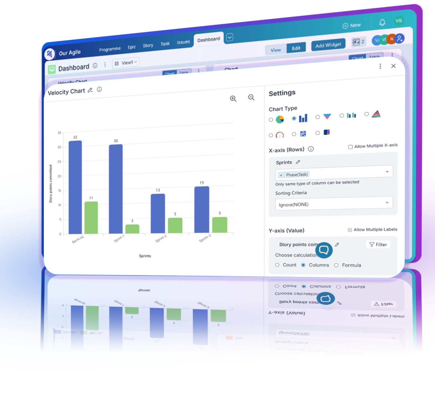 Interface showing velocity, burnup, and burndown charts for sprint tracking, providing real-time data and custom reports.