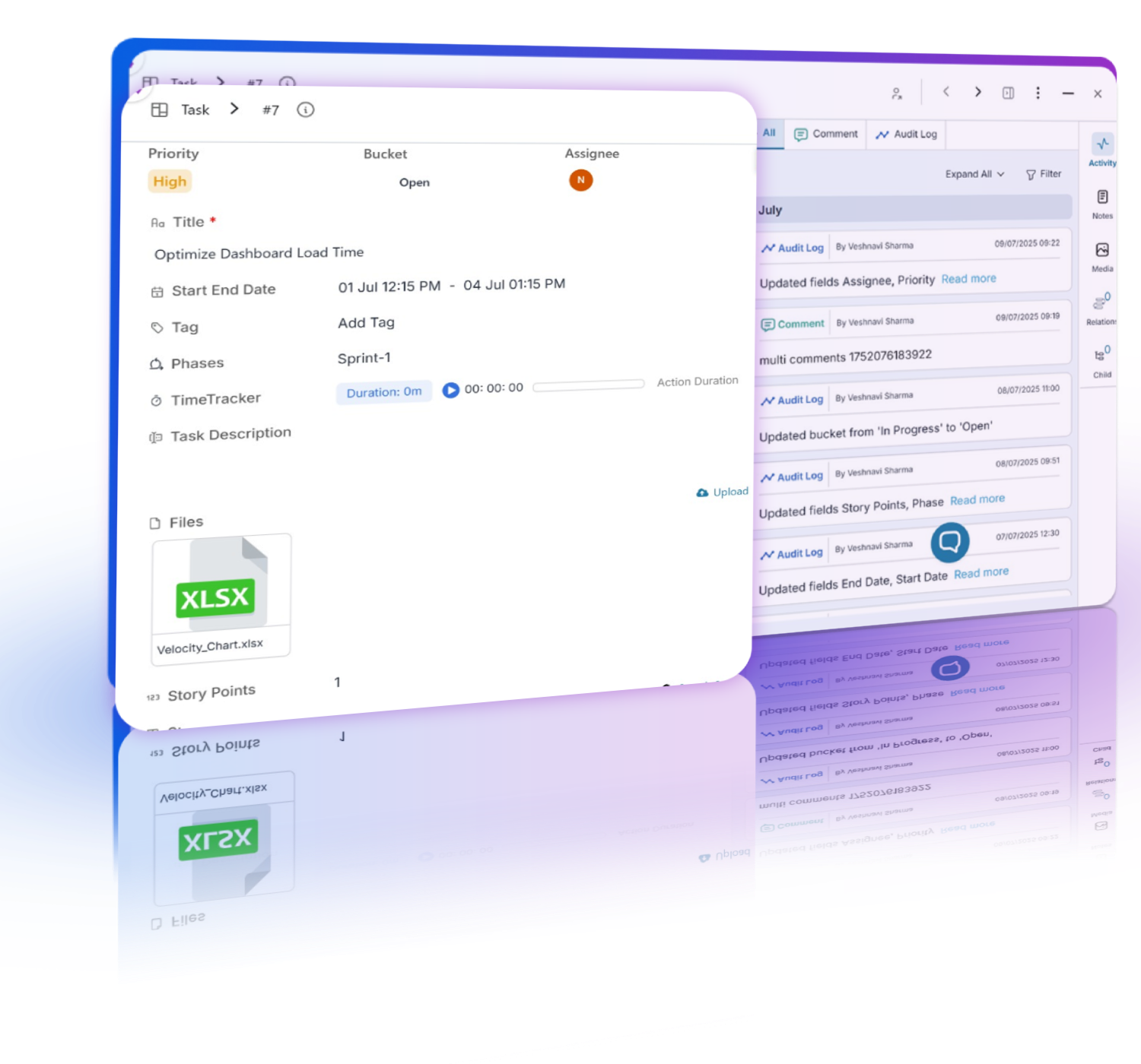 An interface displaying sprint points and effort hours tracking, enabling detailed analysis and team performance comparison.