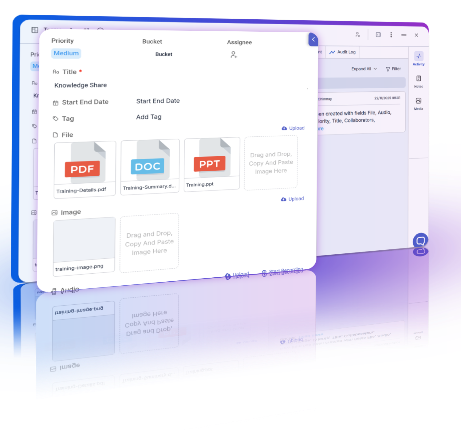 Project team attaching audio, video, images, and graphics to tasks for comprehensive communication and documentation.