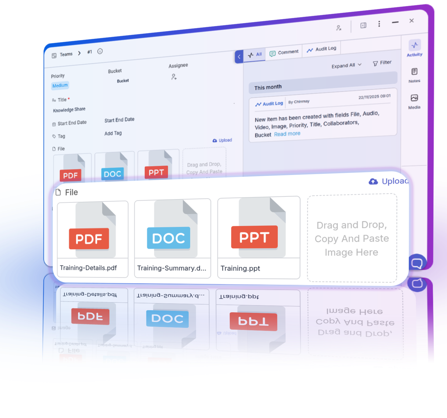 Team members attach documents like spreadsheets, and text files to tasks for effective data sharing and strategic insights.