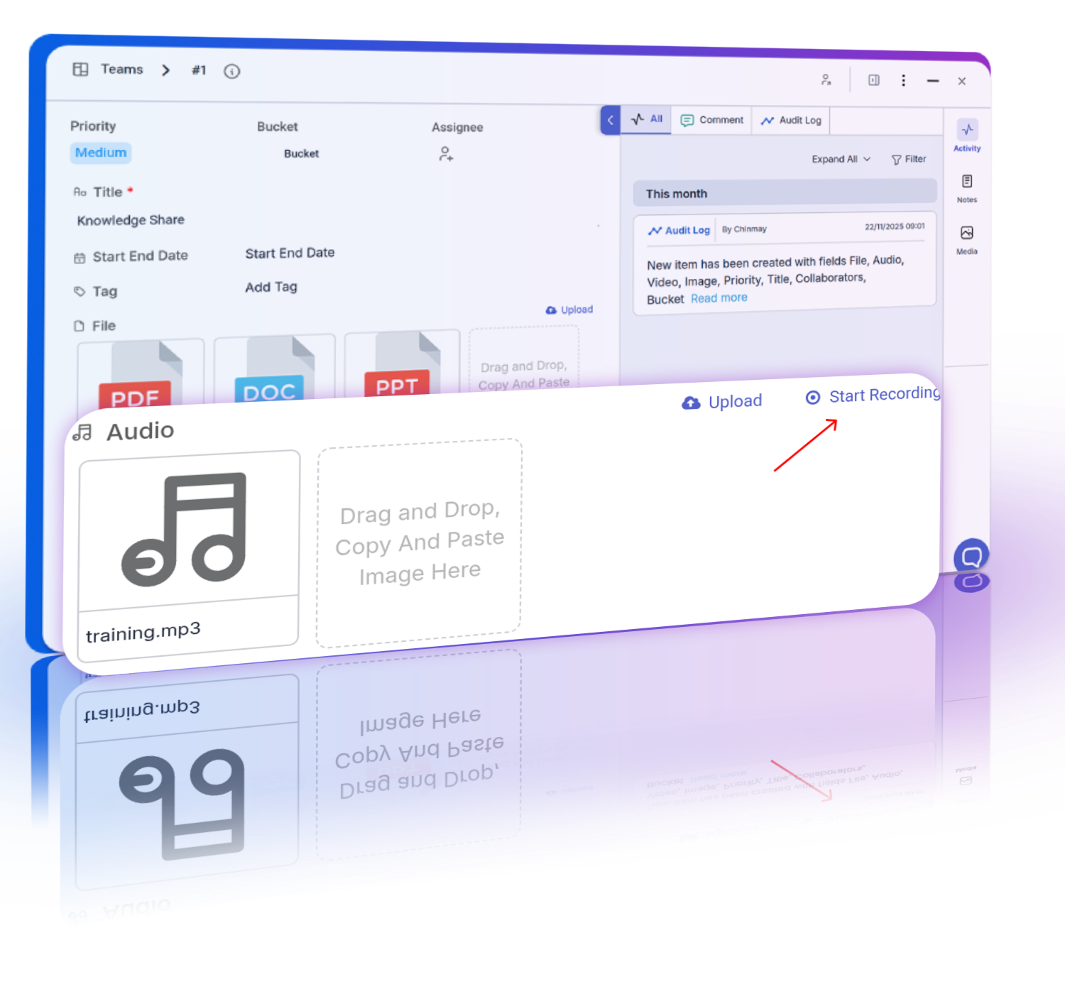 Project team members record audio and video as task attachments for immediate bug reporting and explanations.