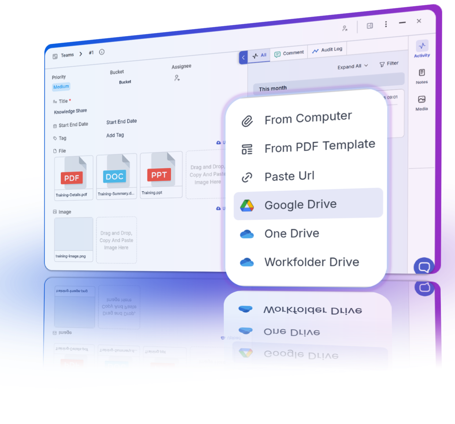 Seamless integration of Google Drive and OneDrive files directly to tasks, ensuring secure and version-synced access.