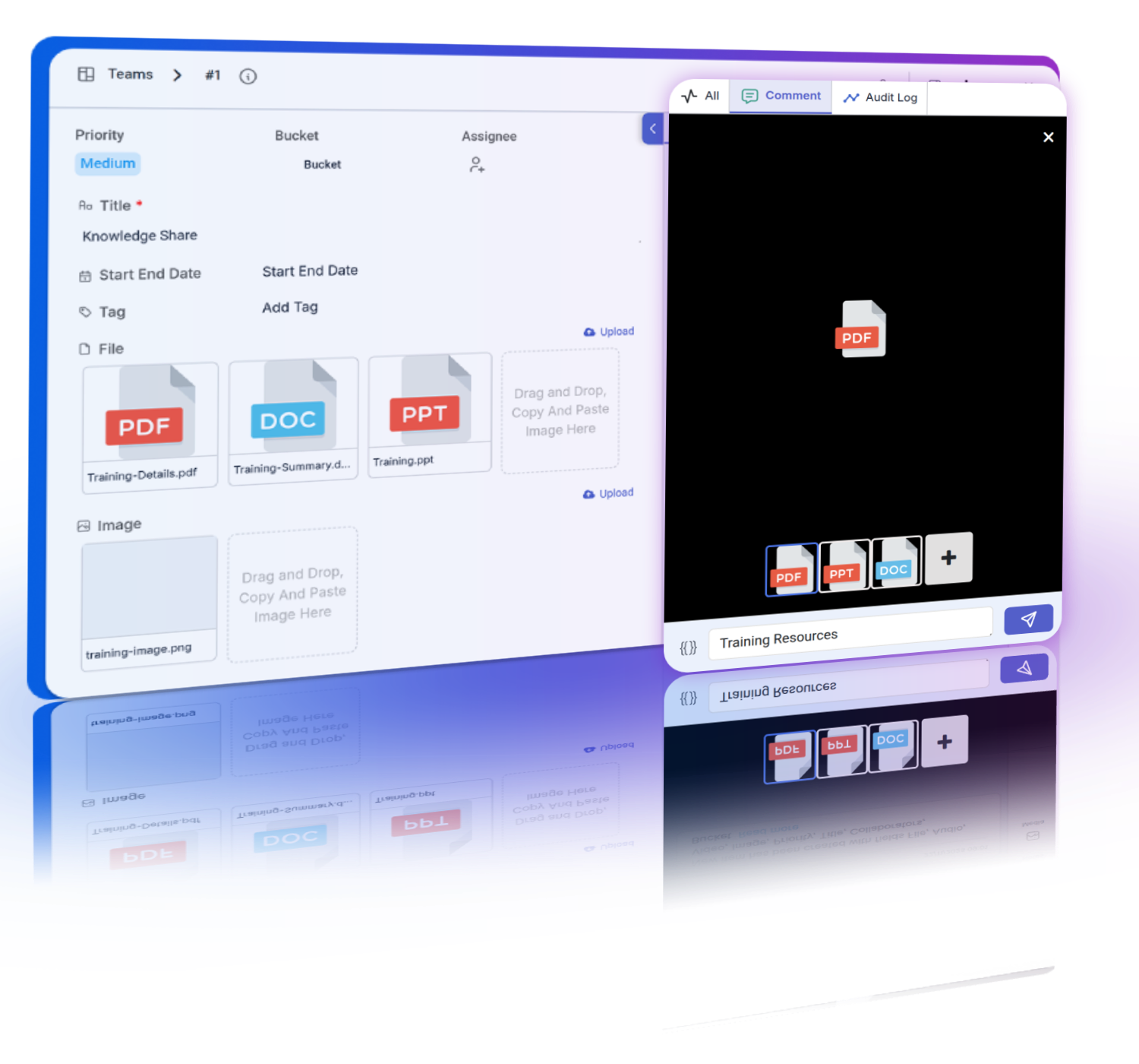 Project team sharing and recording audio and video in the comment section, with centralized access via the Media tab.