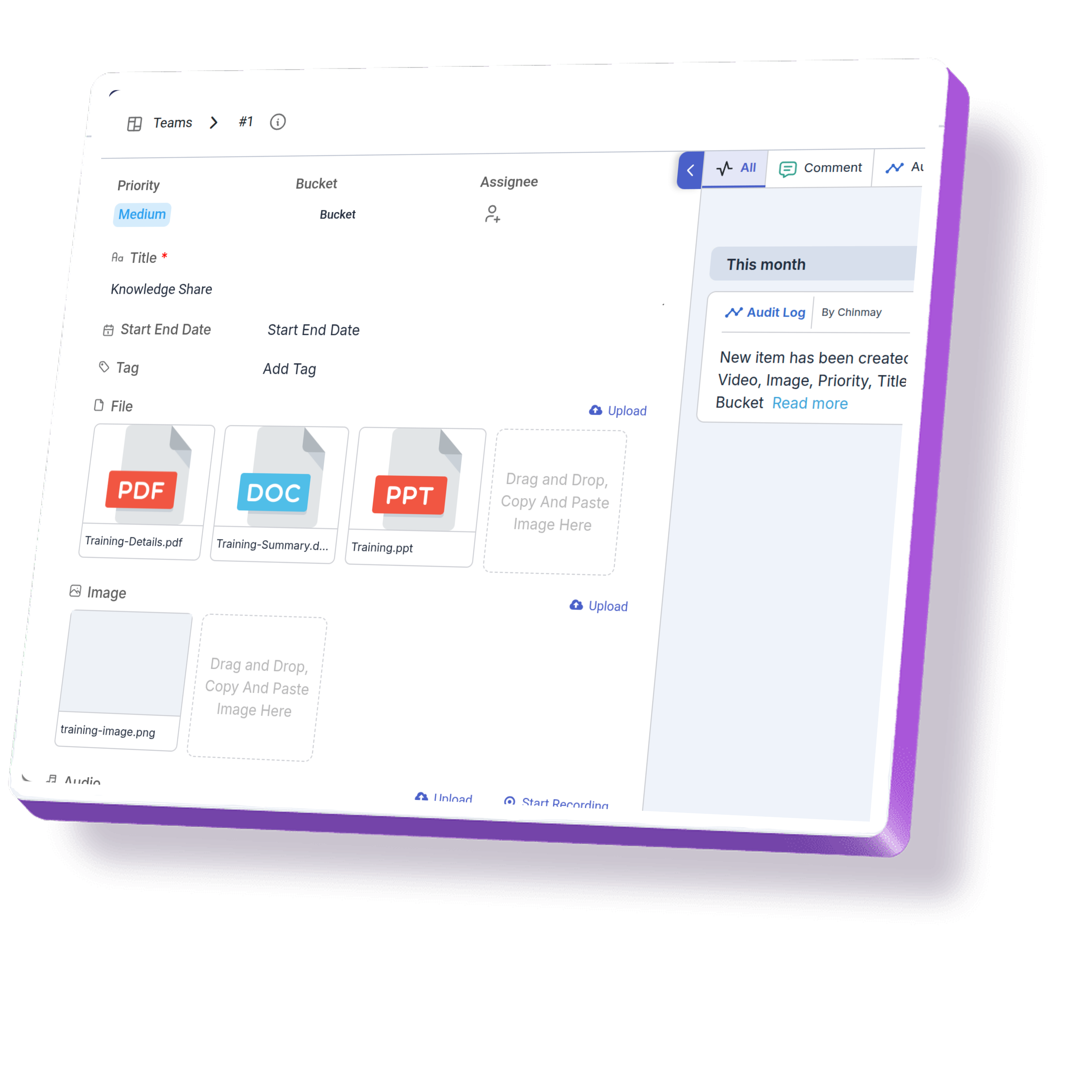 People collaborating on project management tasks while sharing files, images, and videos as attachments.