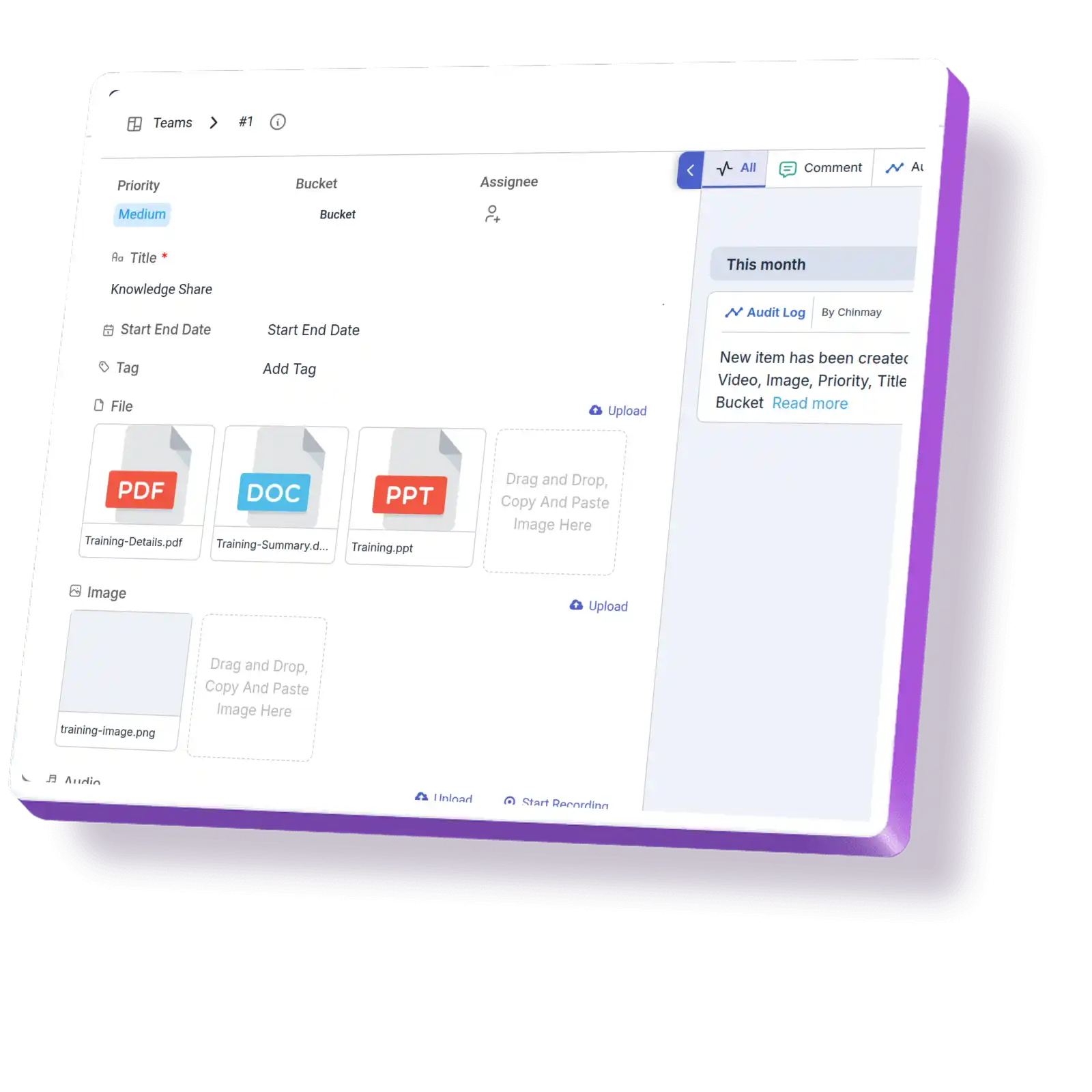 People collaborating on project management tasks while sharing files, images, and videos as attachments.