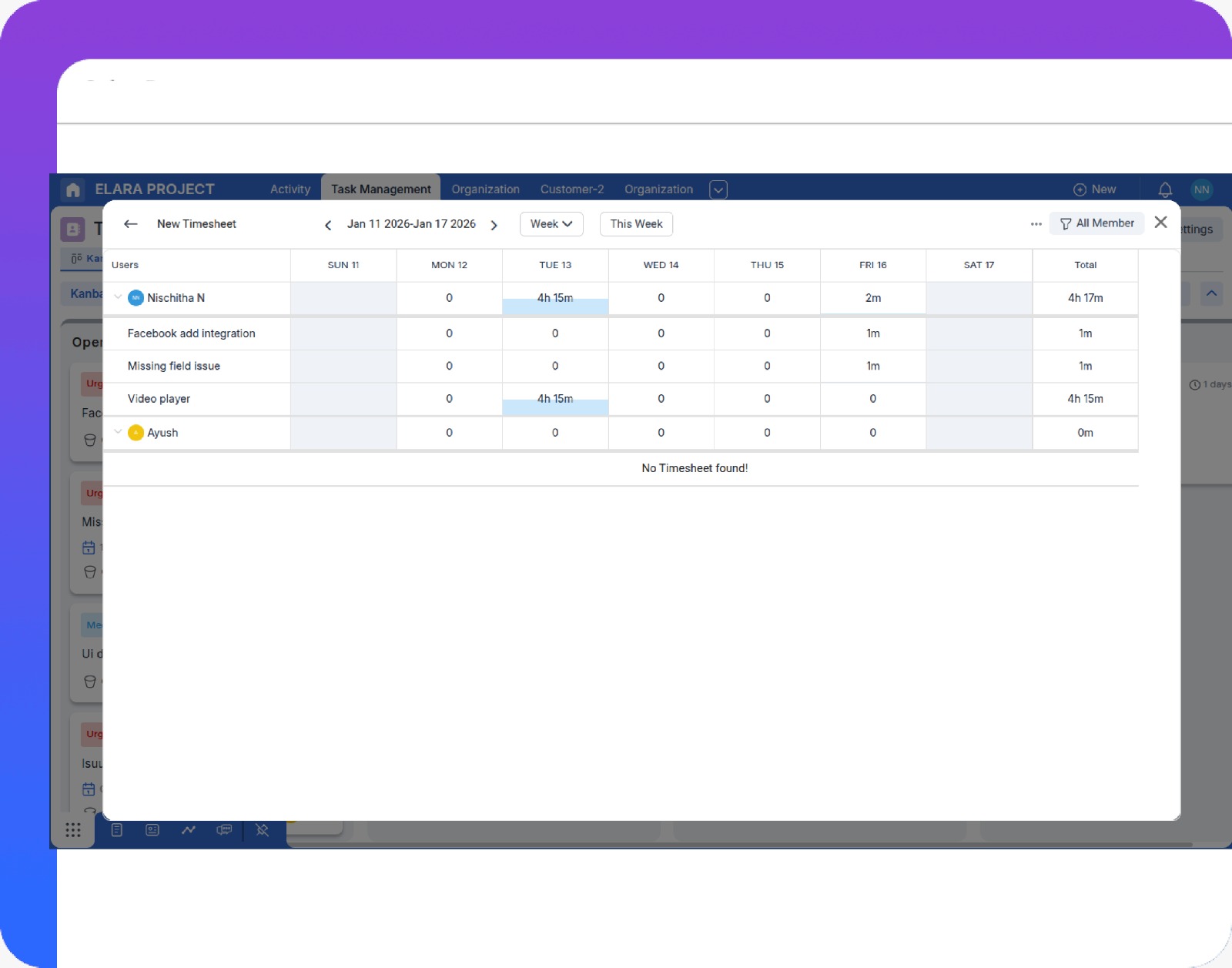 Timesheet entries against project tasks.