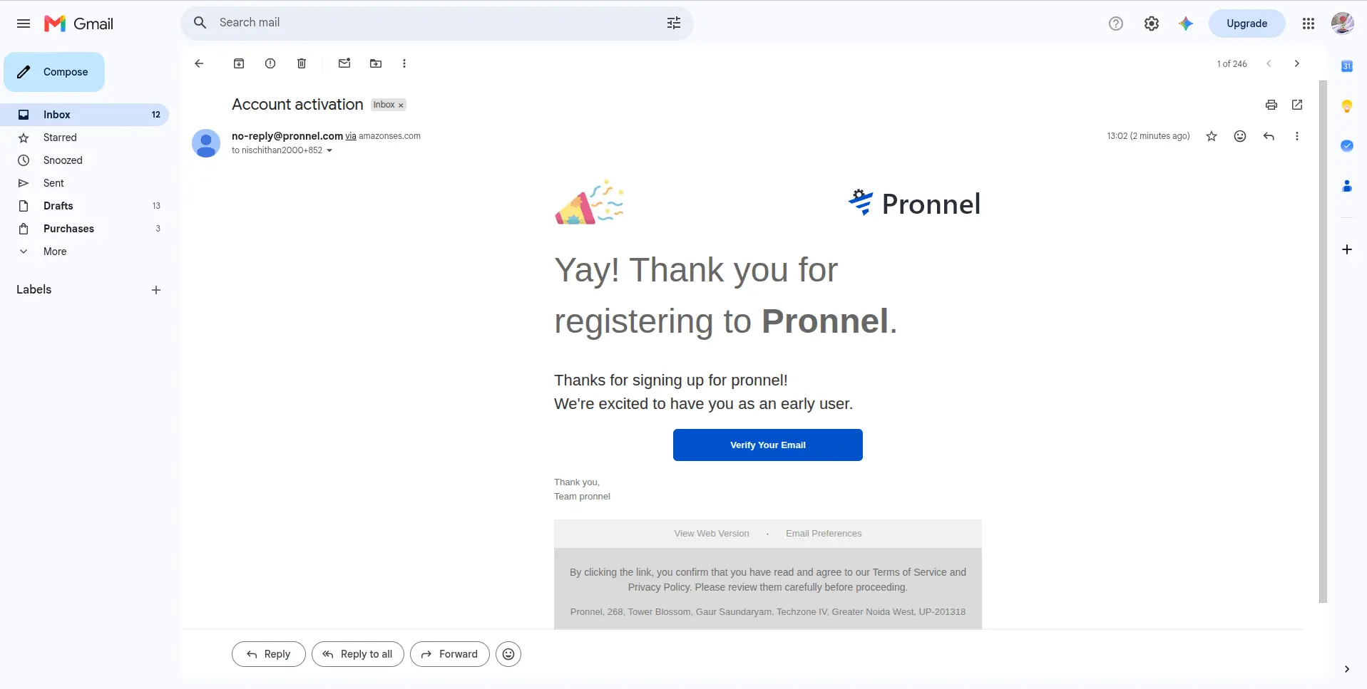 Confirm your email during Pronnel sign-up