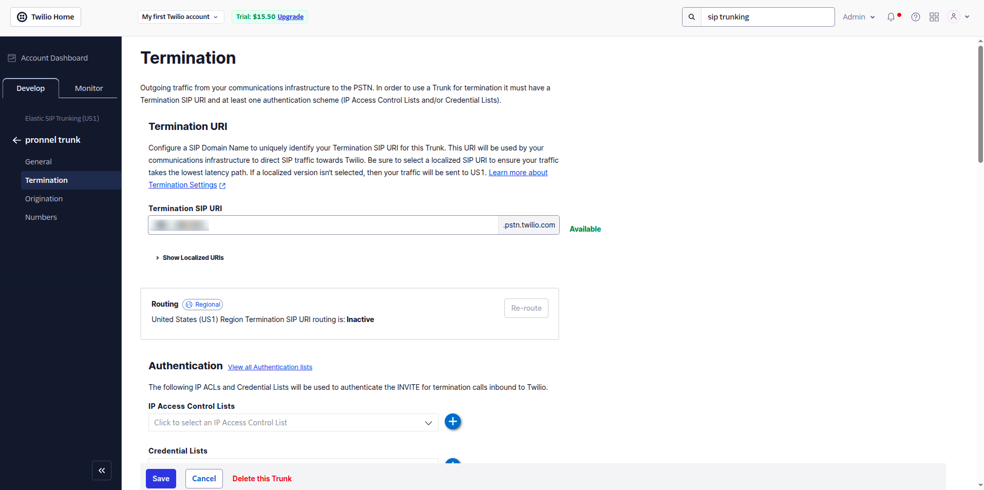Twilio SIP Termination URI