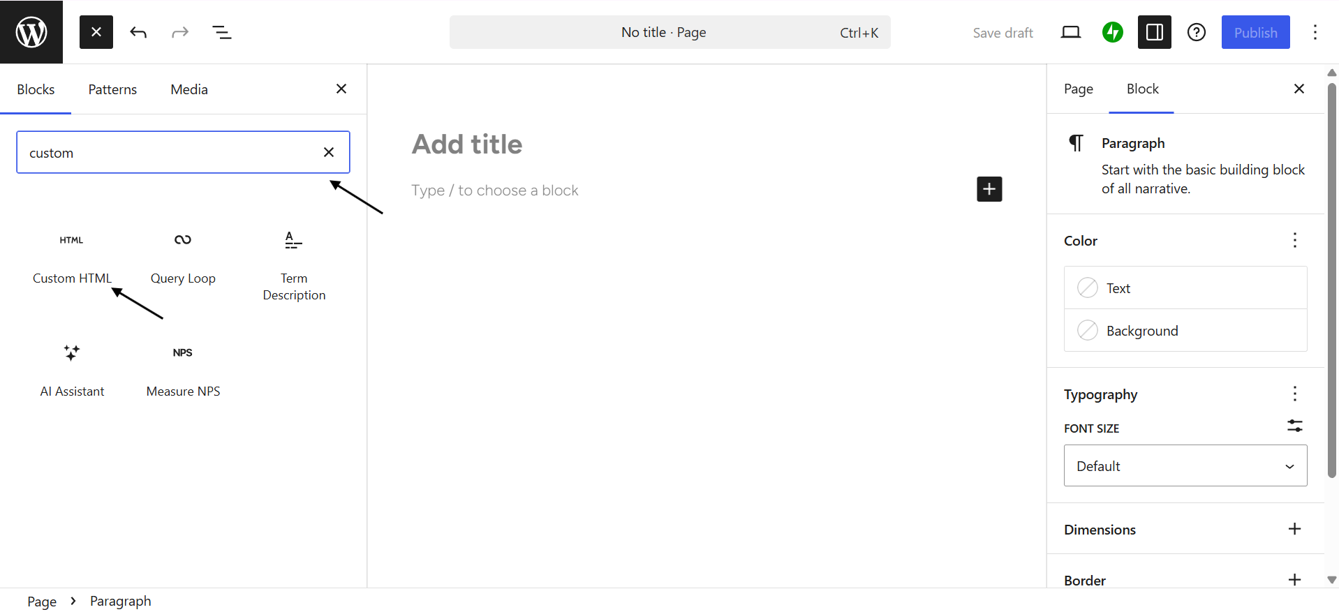 search for the 'Custom HTML' option