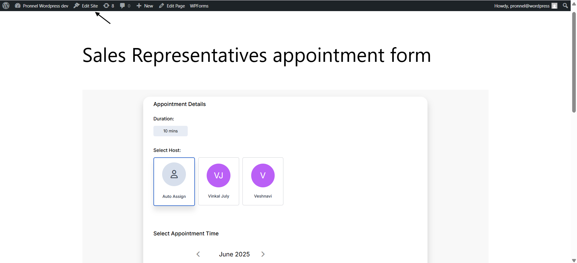 Accessing Edit Site option in WordPress to modify form design